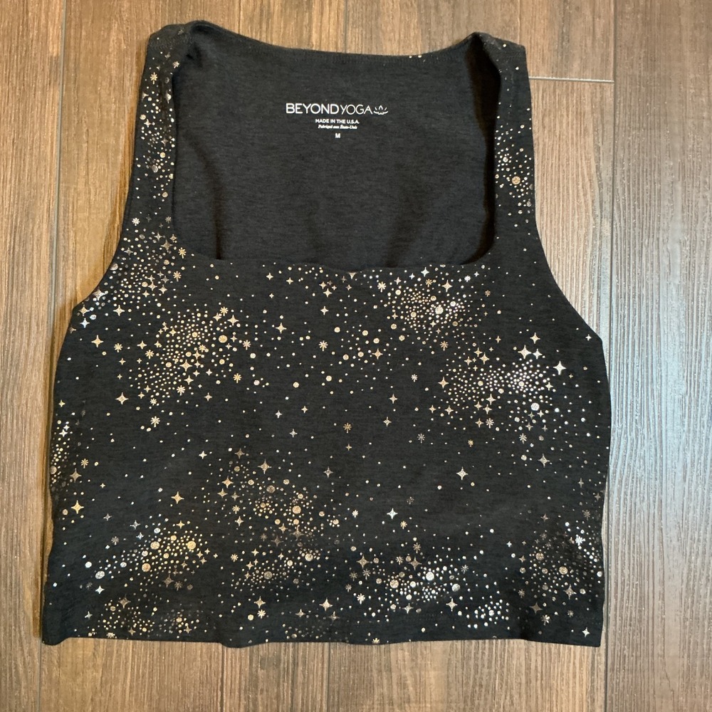 Beyond Yoga Celestial Star Print Crop Tank Top Grey Silver Gold Size M Shelf Bra